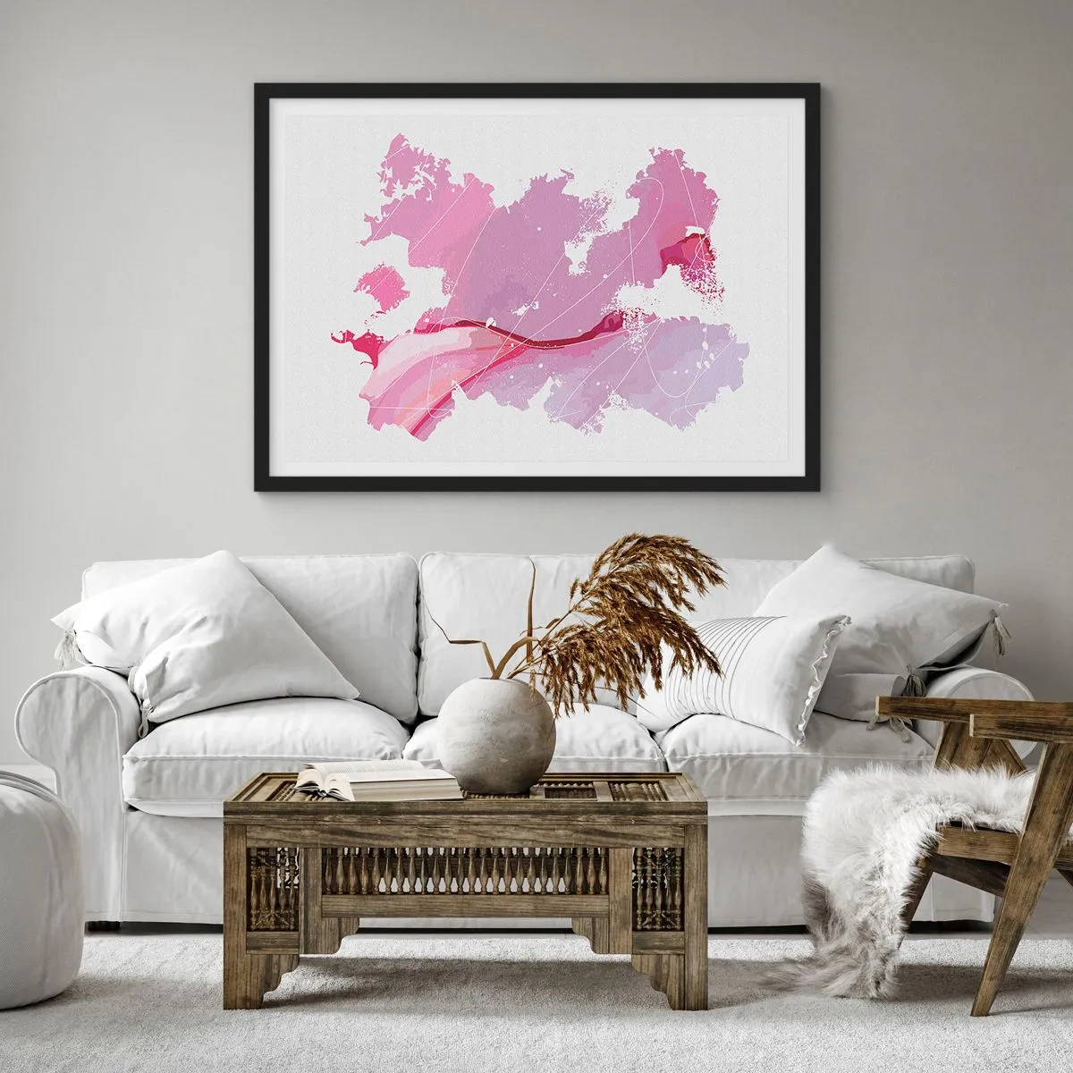 Póster en marco negro - Mapa del mundo abstracto en tonos rosa - 70x50cm - Mapa de un mundo rosa - Decoración de pared moderna para salón y dormitorio ARTTOR