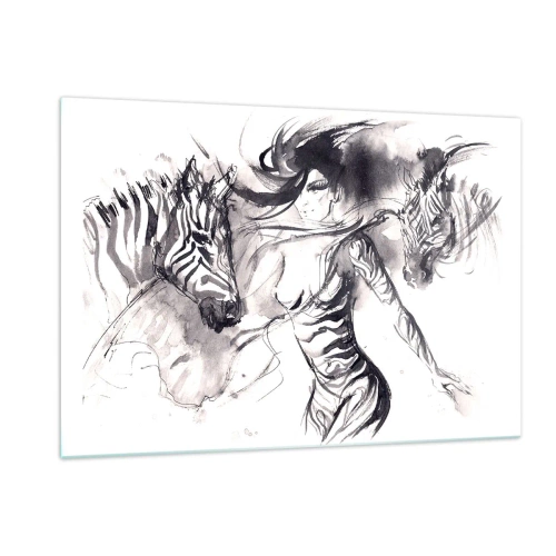 Cuadro sobre vidrio - Impresiones sobre Vidrio - Composición en blanco y negro con una mujer y una cebra en estilo artístico. - 120x80cm - Bailando con las cebras - Decoración de pared moderna para salón y dormitorio ARTTOR