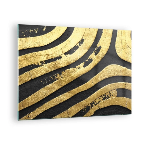 Cuadro sobre vidrio - Impresiones sobre Vidrio - Líneas abstractas doradas sobre un fondo negro en un estilo glamoroso. - 70x50cm - Todo fluye - Decoración de pared moderna para salón y dormitorio ARTTOR
