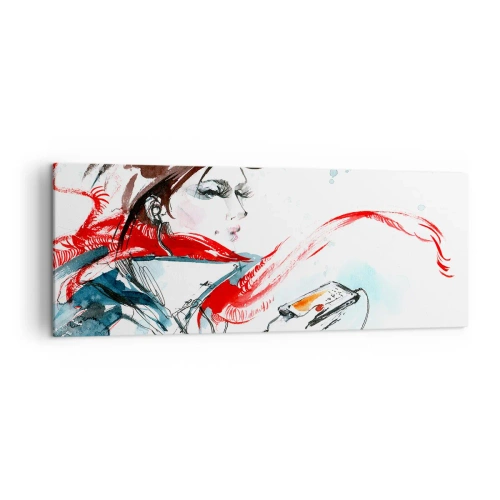 Cuadro sobre lienzo - Impresión de Imagen - Una mujer con un pañuelo rojo con pinceladas dinámicas de acuarela. - 140x50cm - Algo suena dentro de mí - Decoración de pared moderna para salón y dormitorio ARTTOR