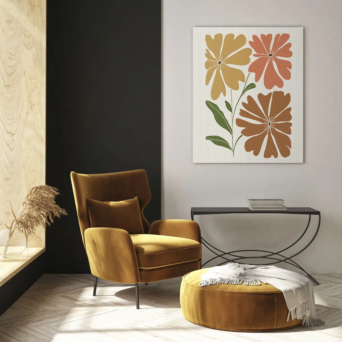 Cuadro sobre vidrio - Impresiones sobre Vidrio - Tres flores en colores cálidos sobre un fondo claro. - 80x120cm - Naturaleza y geometría - Decoración de pared moderna para salón y dormitorio ARTTOR
