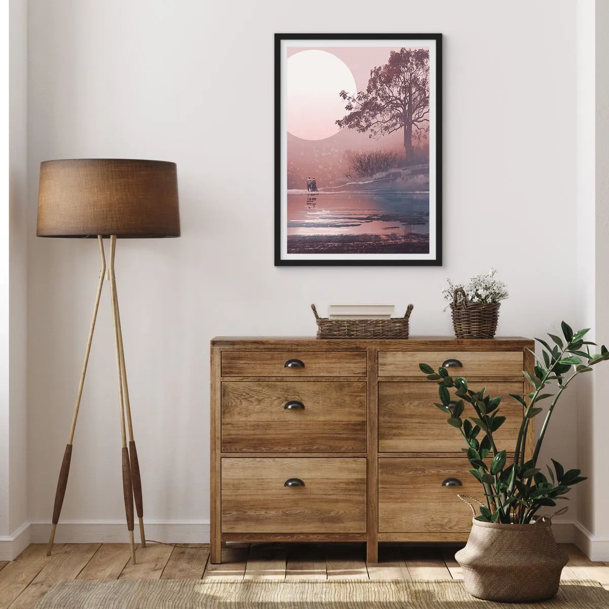 Póster en marco negro - Paisaje romántico con la luna y un árbol junto al agua. - 50x70cm - Rarezas nocturnas - Decoración de pared moderna para salón y dormitorio ARTTOR