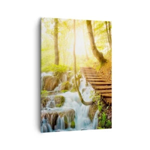 Cuadro sobre lienzo - Impresión de Imagen - Camino forestal con escaleras de madera junto a la cascada. - 70x100cm - El ansiado frescor - Decoración de pared moderna para salón y dormitorio ARTTOR