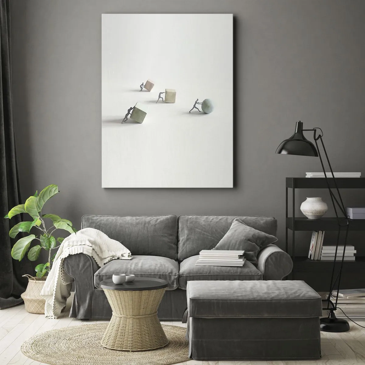 Cuadro sobre lienzo - Impresión de Imagen - Figuras en miniatura que empujan formas contra un fondo claro. - 50x70cm - El avance de la geometría - Decoración de pared moderna para salón y dormitorio ARTTOR