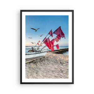 Póster en marco negro - Barco pesquero con banderas rojas en la playa - 50x70cm - Un merecido descanso - Decoración de pared moderna para salón y dormitorio ARTTOR
