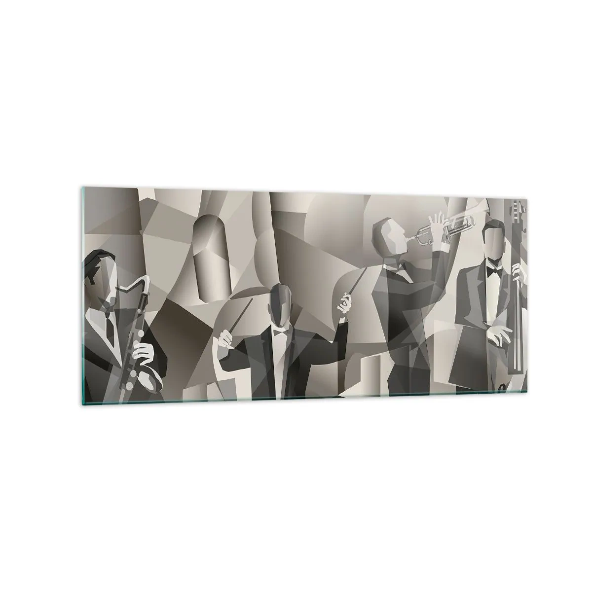Cuadro sobre vidrio - Impresiones sobre Vidrio - Escena abstracta con músicos de jazz en tonos de gris. - 120x50cm - En el espacio de los sonidos - Decoración de pared moderna para salón y dormitorio ARTTOR