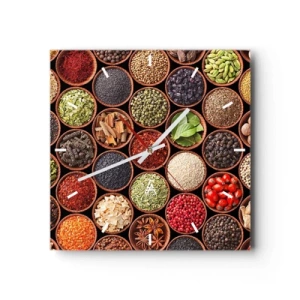 Reloj de pared - Reloj de vidrio - Especias de colores en recipientes redondos - 30x30cm - Todos los sabores del mundo - Decoración de pared moderna para salón y dormitorio ARTTOR