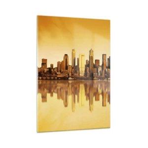 Cuadro sobre vidrio - Impresiones sobre Vidrio - Panorama de la ciudad bajo la luz dorada del atardecer. - 50x70cm - El silencio de la metrópoli - Decoración de pared moderna para salón y dormitorio ARTTOR