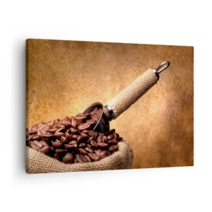 Cuadro sobre lienzo - Impresión de Imagen - Granos de café en una bolsa de yute con una cuchara de metal. - 70x50cm - En la fuente del sabor - Decoración de pared moderna para salón y dormitorio ARTTOR
