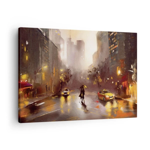 Cuadro sobre lienzo - Impresión de Imagen - Una escena urbana nocturna a la luz de las farolas y los reflejos en una calle mojada. - 70x50cm - En las luces de Nueva York - Decoración de pared moderna para salón y dormitorio ARTTOR