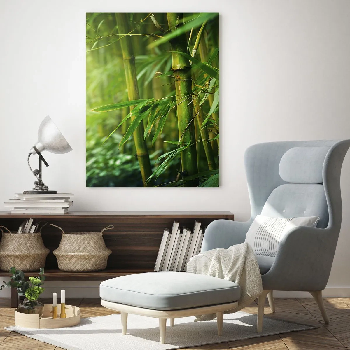 Cuadro sobre vidrio - Impresiones sobre Vidrio - Bosque de bambú verde bajo el sol - 50x70cm - Conocer el propio verdor - Decoración de pared moderna para salón y dormitorio ARTTOR