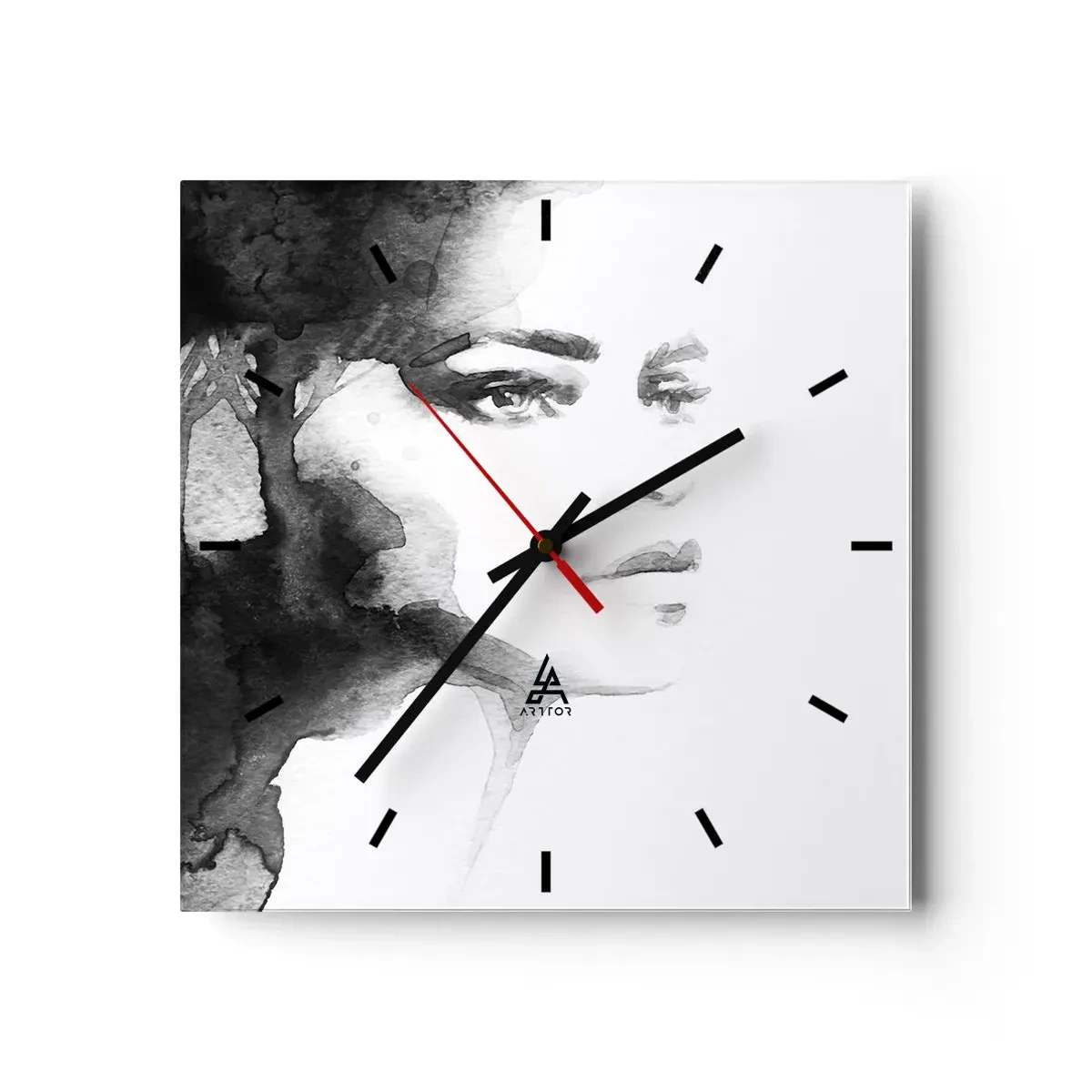 Reloj de pared - Reloj de vidrio - Un retrato sutil de una mujer en tonos blanco y negro. - 30x30cm - Hecho de misterio y niebla - Decoración de pared moderna para salón y dormitorio ARTTOR