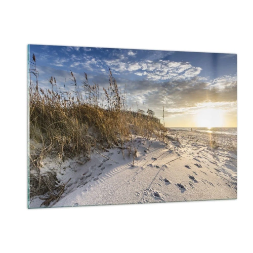 Cuadro sobre vidrio - Impresiones sobre Vidrio - Playa de arena al atardecer con hierbas junto a la duna - 120x80cm - Invitación a un paseo - Decoración de pared moderna para salón y dormitorio ARTTOR
