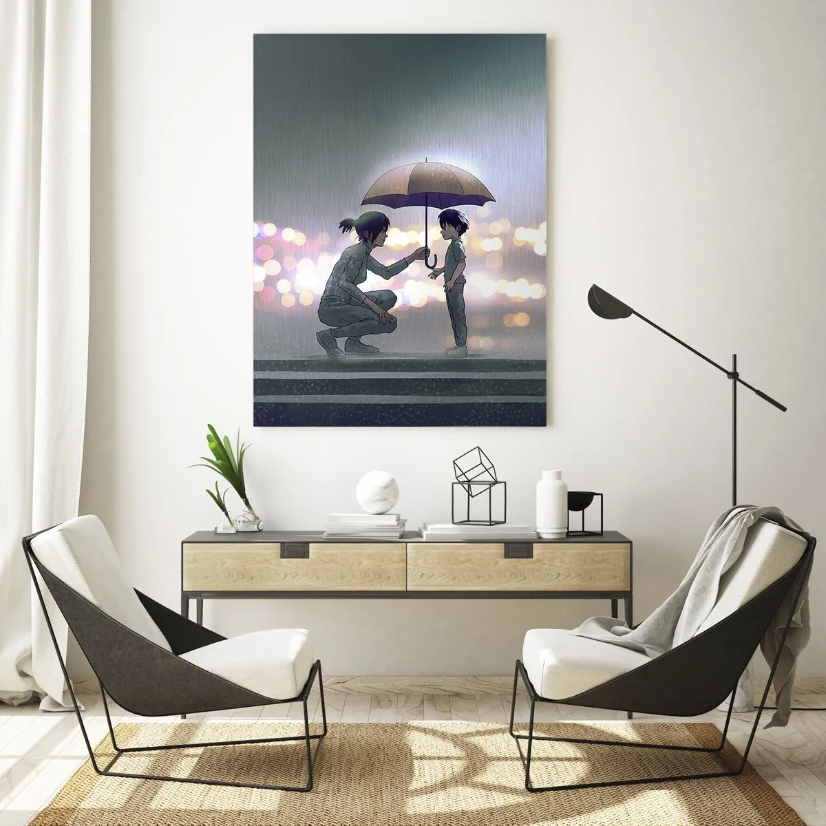 Cuadro sobre vidrio - Impresiones sobre Vidrio - Una figura con un paraguas protegiendo a un niño contra el fondo de luces nocturnas. - 80x120cm - Y todo está bien - Decoración de pared moderna para salón y dormitorio ARTTOR