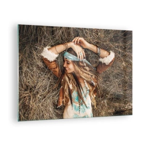 Cuadro sobre vidrio - Impresiones sobre Vidrio - Mujer de estilo boho tumbada en el heno sonriendo - 70x50cm - El verano del amor - Decoración de pared moderna para salón y dormitorio ARTTOR