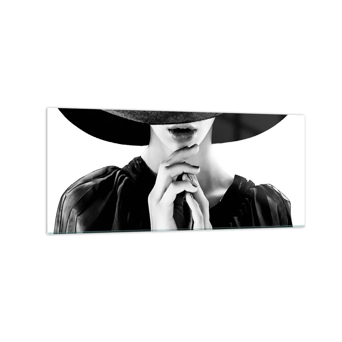 Cuadro sobre vidrio - Impresiones sobre Vidrio - Mujer elegante con un gran sombrero en tonos blanco y negro. - 120x50cm - Belleza oculta - Decoración de pared moderna para salón y dormitorio ARTTOR