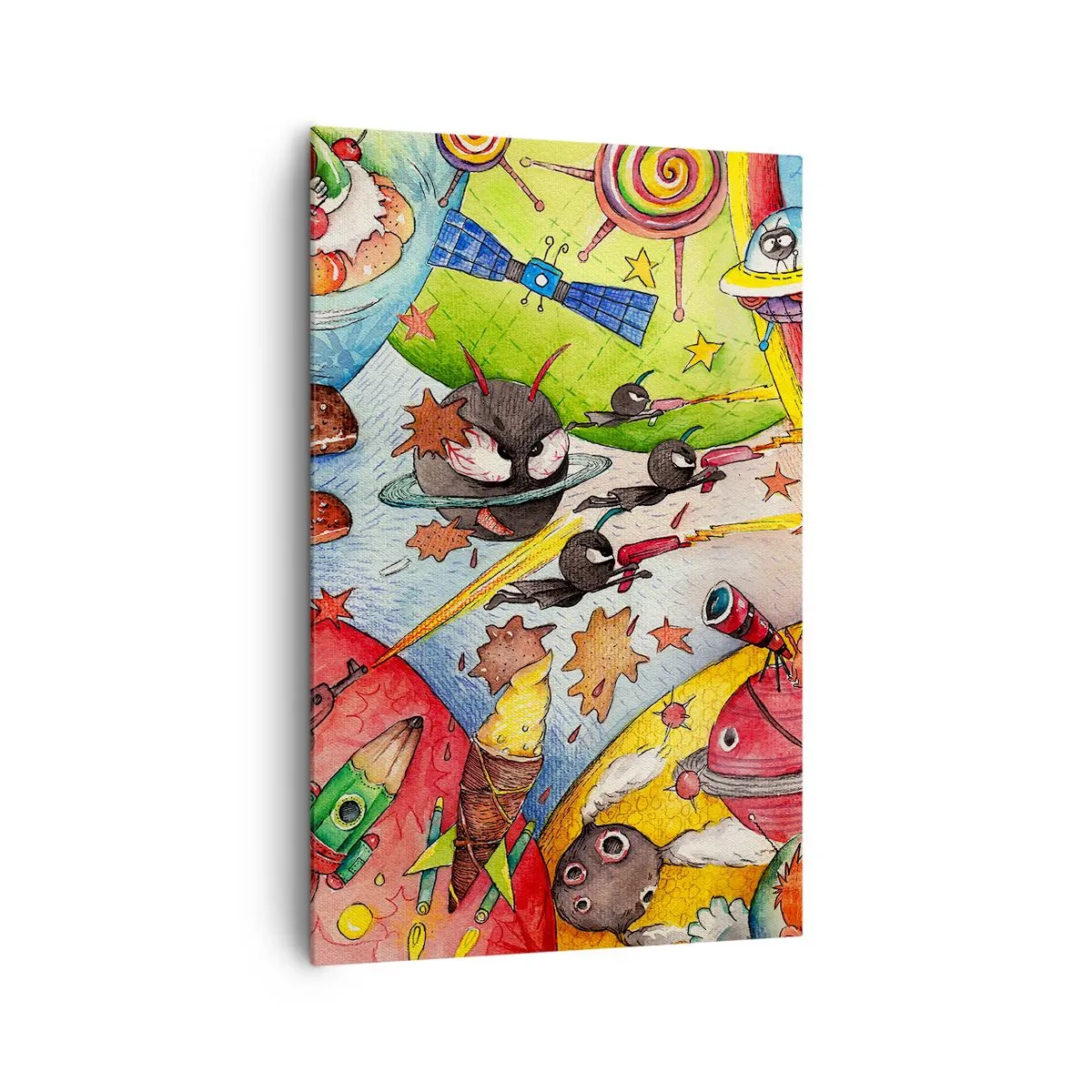 Cuadro sobre lienzo - Impresión de Imagen - Una escena espacial colorida llena de niños y naves espaciales. - 80x120cm - Una gran aventura cósmica - Decoración de pared moderna para salón y dormitorio ARTTOR