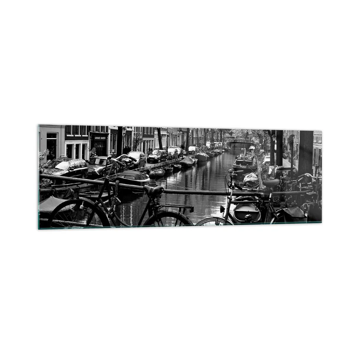 Cuadro sobre vidrio - Impresiones sobre Vidrio - Canal con bicicletas en fotografía en blanco y negro - 160x50cm - Una visión muy holandesa - Decoración de pared moderna para salón y dormitorio ARTTOR