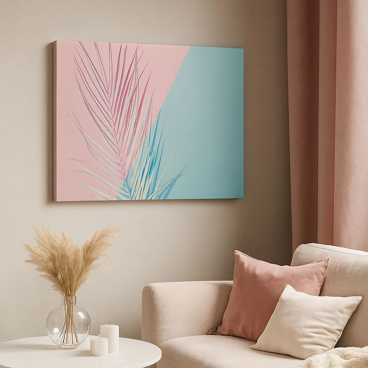 Cuadro sobre lienzo - Impresión de Imagen - Hoja tropical sobre un fondo de tonos pastel de rosa y azul. - 70x50cm - Impresión tropical - Decoración de pared moderna para salón y dormitorio ARTTOR