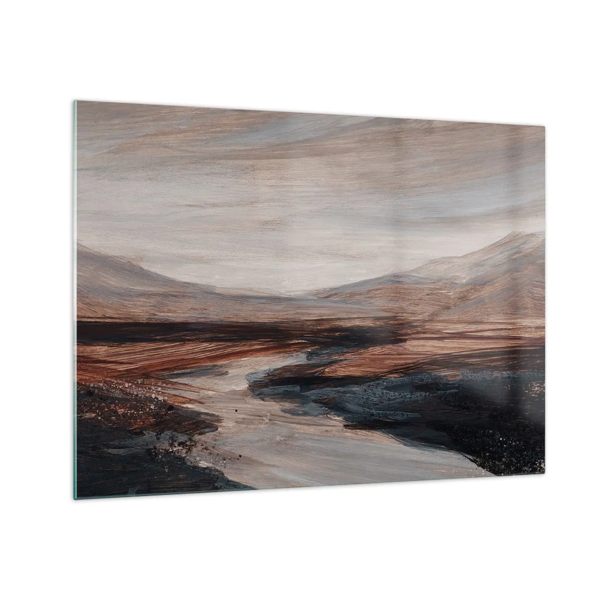 Cuadro sobre vidrio - Impresiones sobre Vidrio - Un valle pintoresco con un río en tonos marrones y azules. - 70x50cm -  Valle apacible - Decoración de pared moderna para salón y dormitorio ARTTOR