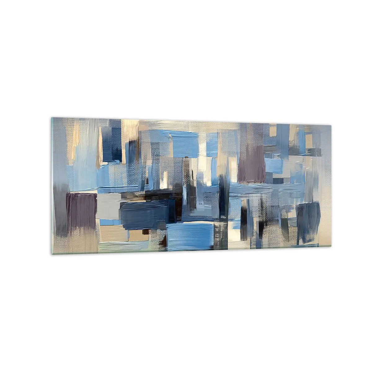 Cuadro sobre vidrio - Impresiones sobre Vidrio - Formas geométricas en tonos azules y beige. - 120x50cm - Construcción azul - Decoración de pared moderna para salón y dormitorio ARTTOR
