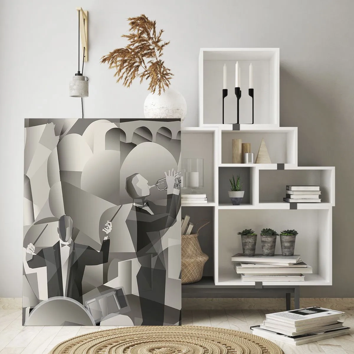 Cuadro sobre vidrio - Impresiones sobre Vidrio - Escenario de banda de jazz estilizado en tonos monocromáticos. - 50x70cm - En el espacio de los sonidos - Decoración de pared moderna para salón y dormitorio ARTTOR