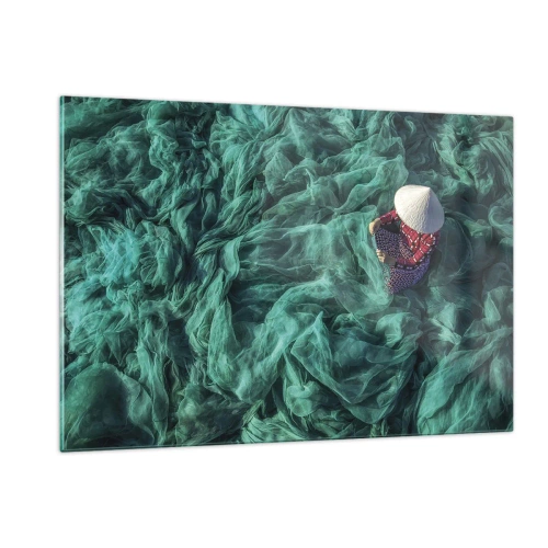 Cuadro sobre vidrio - Impresiones sobre Vidrio - Una mujer con un sombrero tradicional remendando redes - 120x80cm - En un mar de redes - Decoración de pared moderna para salón y dormitorio ARTTOR