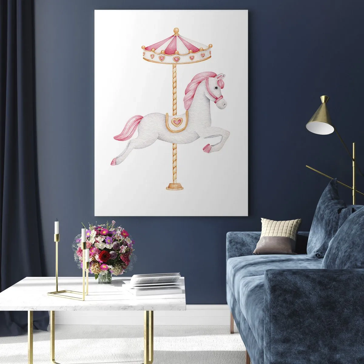 Cuadro sobre vidrio - Impresiones sobre Vidrio - Caballo de carrusel rosa y blanco sobre un fondo blanco - 50x70cm - Partió al galope - Decoración de pared moderna para salón y dormitorio ARTTOR