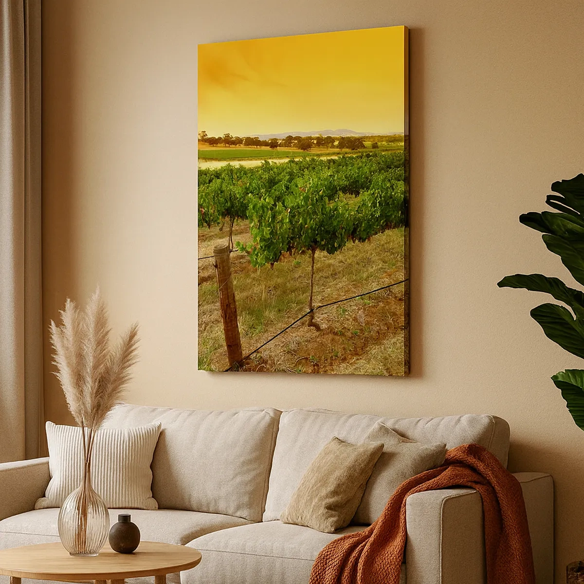 Cuadro sobre lienzo - Impresión de Imagen - Vides en una plantación al atardecer dorado - 50x70cm - Un trago del sol - Decoración de pared moderna para salón y dormitorio ARTTOR