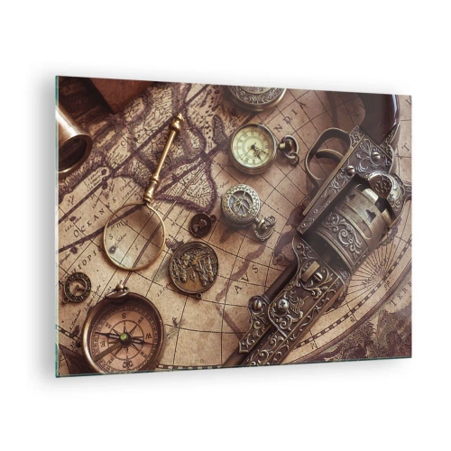 Cuadro sobre vidrio - Impresiones sobre Vidrio - Objetos antiguos y un mapa - 70x50cm - La aventura llama - Decoración de pared moderna para salón y dormitorio ARTTOR