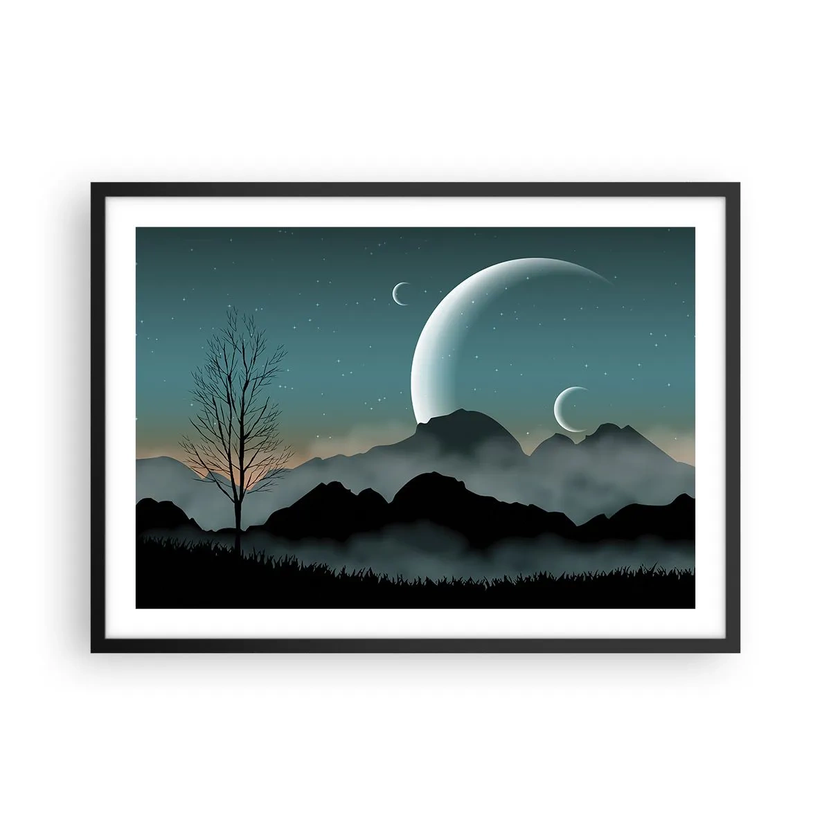 Póster en marco negro - Montañas brumosas con la luna y un árbol solitario. - 70x50cm - Un carnaval de noche estrellada - Decoración de pared moderna para salón y dormitorio ARTTOR