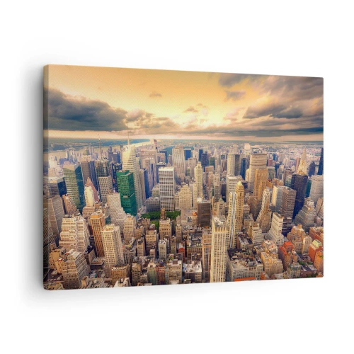 Cuadro sobre lienzo - Impresión de Imagen - Panorama de la ciudad con vistas a los rascacielos al atardecer - 70x50cm - Metrópolis dorada - Decoración de pared moderna para salón y dormitorio ARTTOR