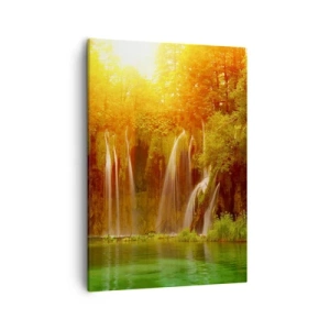 Cuadro sobre lienzo - Impresión de Imagen - Cascadas rodeadas de vegetación bajo el resplandor del sol poniente. - 50x70cm - Sol y sombra - Decoración de pared moderna para salón y dormitorio ARTTOR