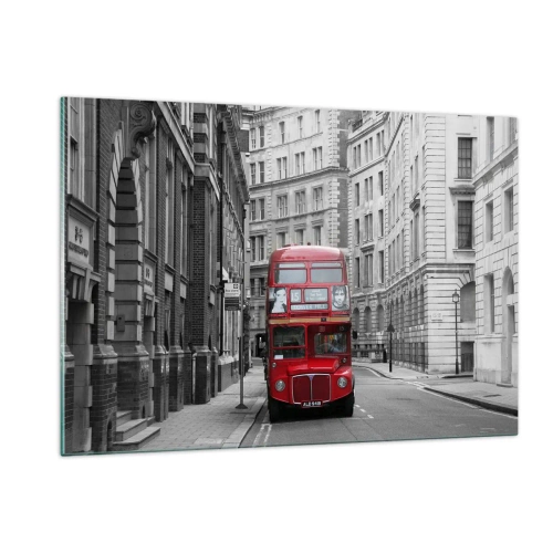 Cuadro sobre vidrio - Impresiones sobre Vidrio - Un autobús rojo entre las calles monocromáticas de la ciudad. - 120x80cm - La vida cotidiana no tiene por qué ser gris - Decoración de pared moderna para salón y dormitorio ARTTOR