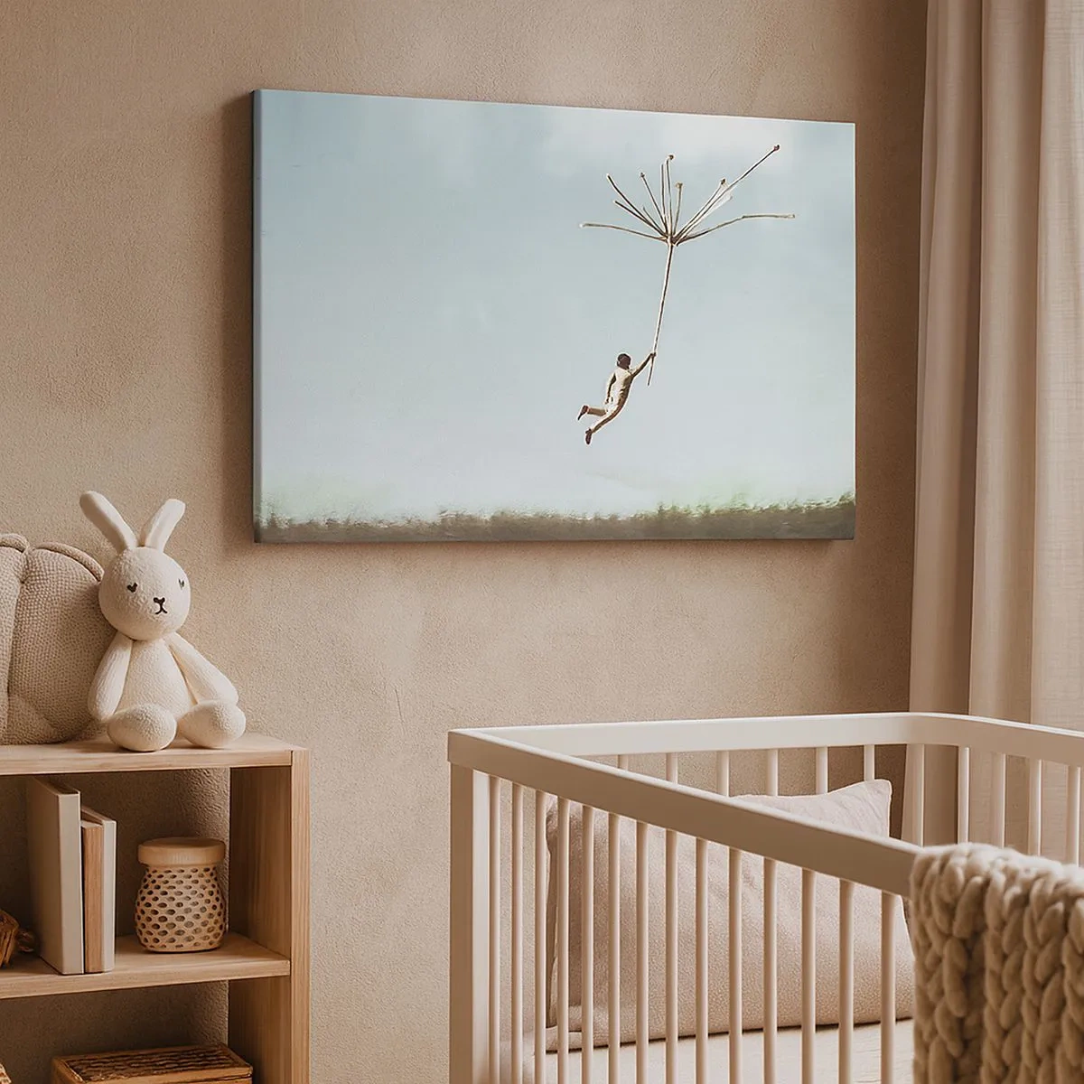 Cuadro sobre lienzo - Impresión de Imagen - Una figura levantada por una gran semilla de diente de león. - 70x50cm - Bailando con la brisa - Decoración de pared moderna para salón y dormitorio ARTTOR