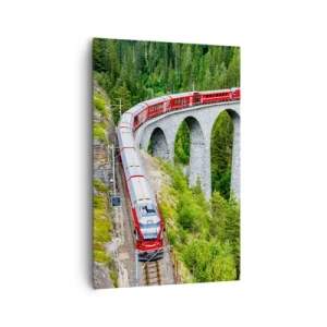 Cuadro sobre lienzo - Impresión de Imagen - Un tren en un pintoresco viaducto en un paisaje montañoso. - 80x120cm - Atravesando las montañas - Decoración de pared moderna para salón y dormitorio ARTTOR