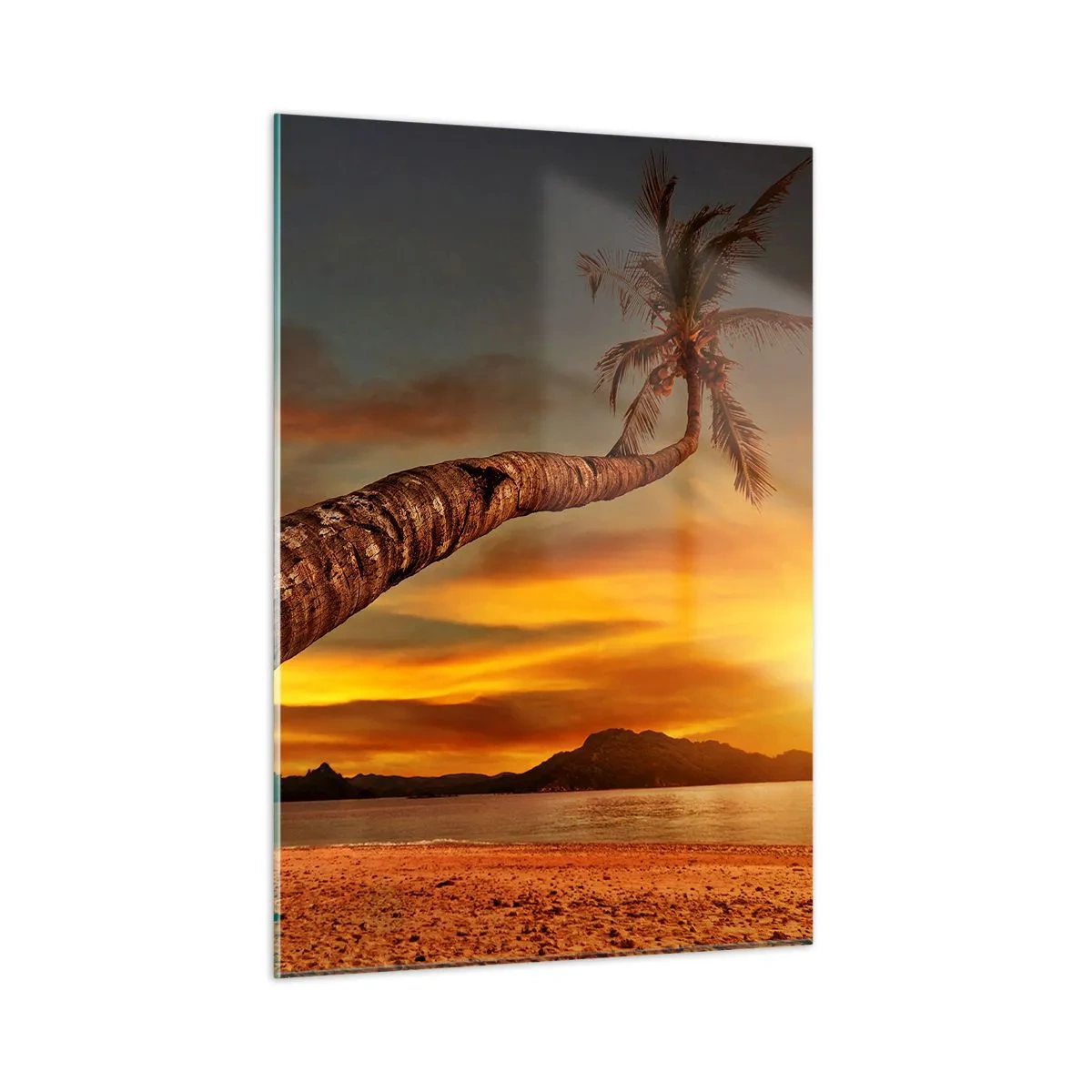 Cuadro sobre vidrio - Impresiones sobre Vidrio - Palmera en una playa tropical al atardecer - 50x70cm - Vacaciones exóticas, aventura en el Caribe - Decoración de pared moderna para salón y dormitorio ARTTOR
