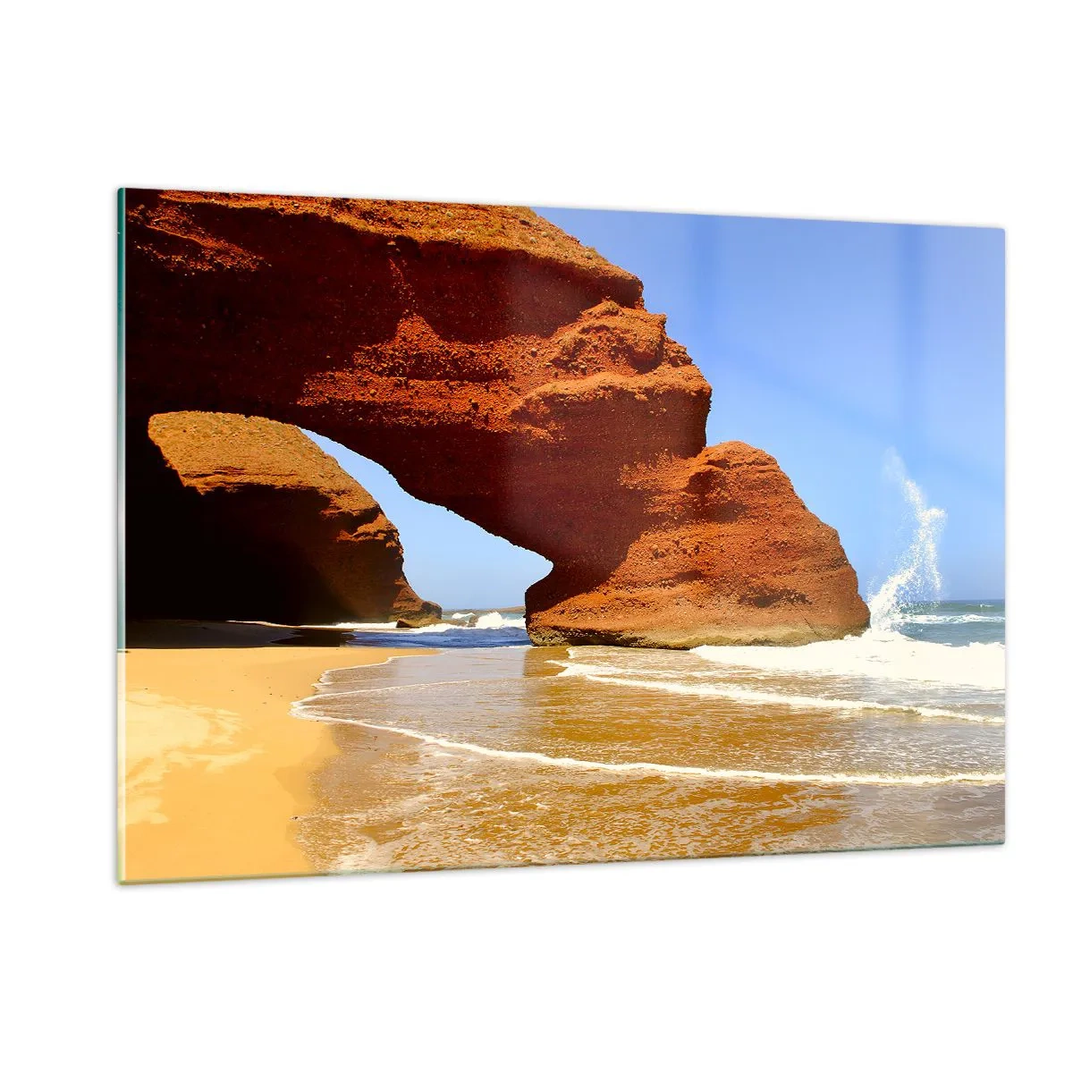 Cuadro sobre vidrio - Impresiones sobre Vidrio - Arcos de roca roja sobre la playa y el océano. - 120x80cm - El agua y el viento a través de miles de años - Decoración de pared moderna para salón y dormitorio ARTTOR