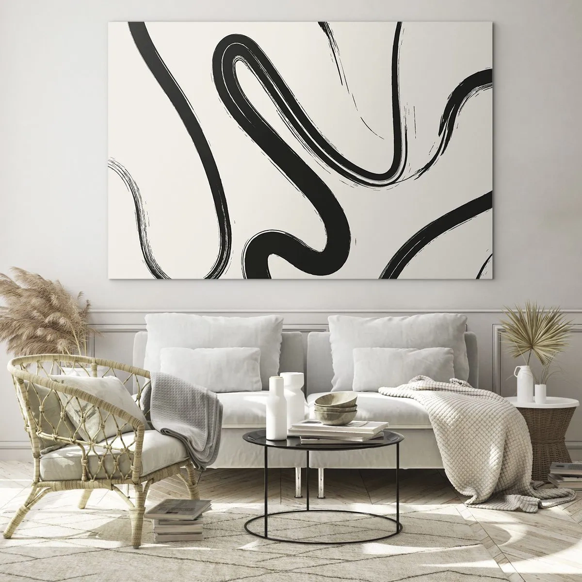 Cuadro sobre vidrio - Impresiones sobre Vidrio - Líneas negras dinámicas sobre un fondo claro en estilo abstracto. - 120x80cm - Fantasía en blanco y negro - Decoración de pared moderna para salón y dormitorio ARTTOR