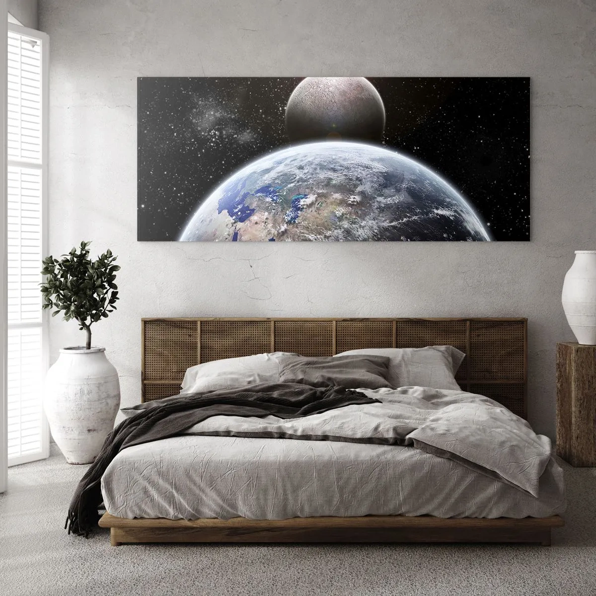 Cuadro sobre vidrio - Impresiones sobre Vidrio - El planeta Tierra y la Luna con el espacio exterior estrellado como telón de fondo. - 120x50cm - Paisaje cósmico - amanecer - Decoración de pared moderna para salón y dormitorio ARTTOR
