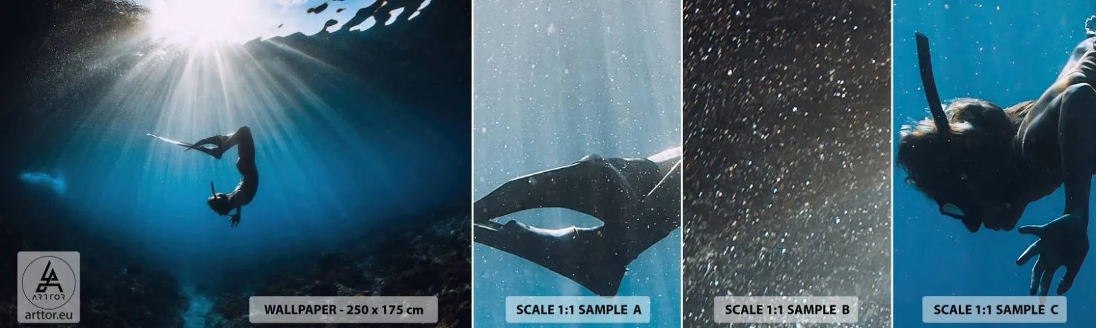 Muestra de fotomural autoadhesivo Deluxe Sticker - Danza subacuática - cueva submarina, Rayos del sol, Buceo - 100x30 cm