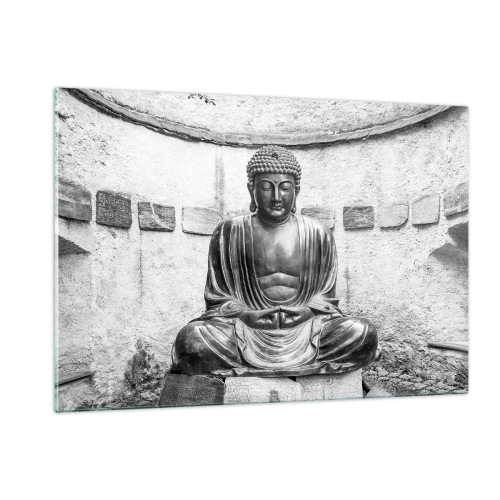 Cuadro sobre vidrio - Impresiones sobre Vidrio - Estatua en blanco y negro de Buda en pose meditativa. - 120x80cm - En la fuente de la paz - Decoración de pared moderna para salón y dormitorio ARTTOR