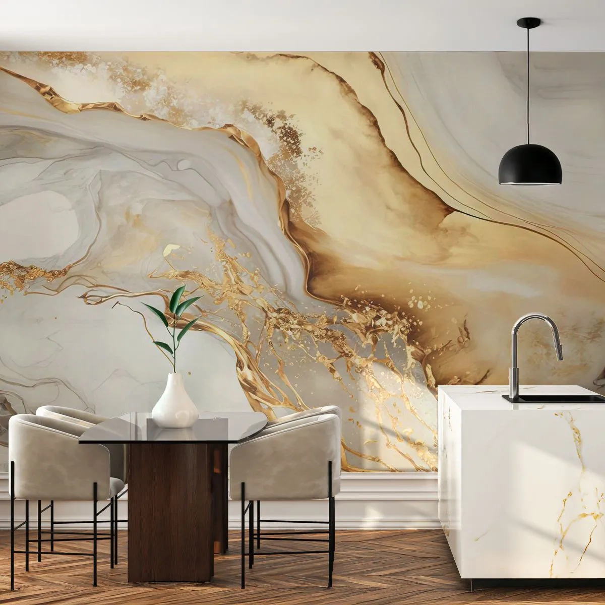 Fotomural Premium Sand - Vetas y rayas doradas sobre un fondo de mármol blanco - 100x70cm - Abstracción: belleza y bondad - Decoración de pared moderna para salón y dormitorio ARTTOR