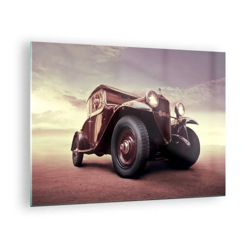 Cuadro sobre vidrio - Impresiones sobre Vidrio - Icónico coche clásico en tonos sepia al aire libre - 70x50cm - Volvamos a los maravillosos viejos tiempos... - Decoración de pared moderna para salón y dormitorio ARTTOR