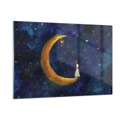 Cuadro sobre vidrio - Impresiones sobre Vidrio - Una figura en la luna en el cielo nocturno. - 120x80cm - La llamada de la Luna - Decoración de pared moderna para salón y dormitorio ARTTOR