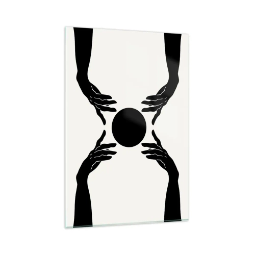 Cuadro sobre vidrio - Impresiones sobre Vidrio - Manos negras en una composición simétrica con una pelota. - 80x120cm - Una señal secreta - Decoración de pared moderna para salón y dormitorio ARTTOR