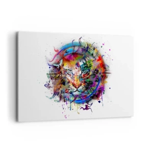 Cuadro sobre lienzo - Impresión de Imagen - Retrato colorido de un león en estilo abstracto. - 120x80cm - Al acecho tras la cortina arco iris - Decoración de pared moderna para salón y dormitorio ARTTOR