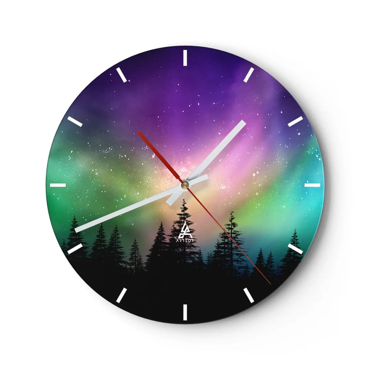 Reloj de pared - Reloj de vidrio - Aurora boreal sobre el bosque de coníferas - 30x30cm - Magia blanca - Decoración de pared moderna para salón, cocina y dormitorio ARTTOR