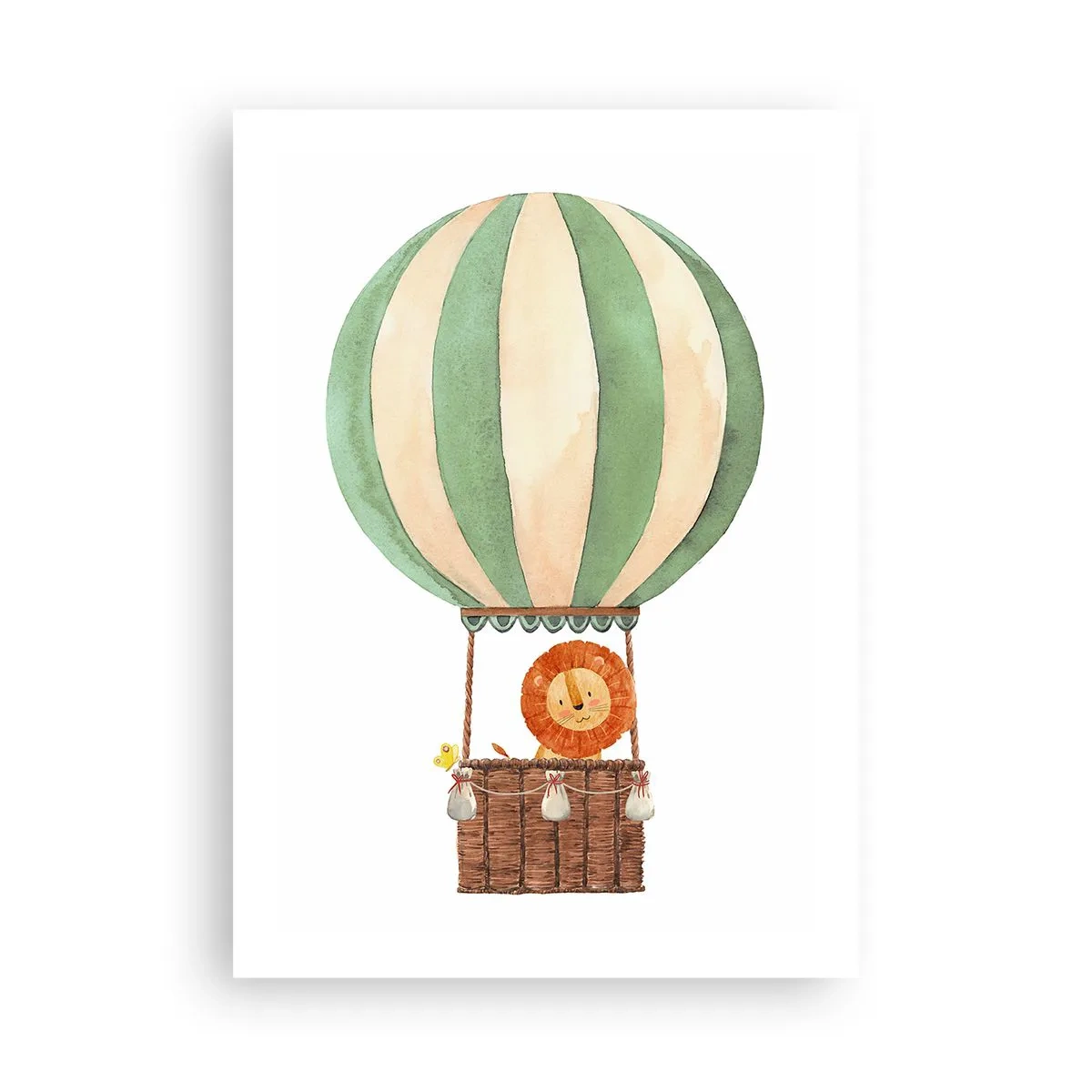 Póster - Una hermosa ilustración en acuarela de un león viajando en un globo aerostático sobre un fondo blanco. - 50x70cm - Los viajes del león - Decoración de pared moderna para salón y dormitorio ARTTOR