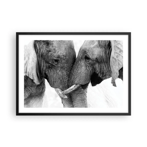 Póster en marco negro - Dos elefantes en un gesto tierno sobre un fondo monocromático. - 70x50cm - Una confesión sincera - Decoración de pared moderna para salón y dormitorio ARTTOR